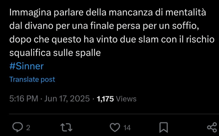 Il tweet che riguarda Jannik Sinner - Foto X - Interdipendenza.net