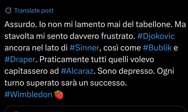 Il tweet che riguarda Sinner - Foto X - Interdipendenza.net