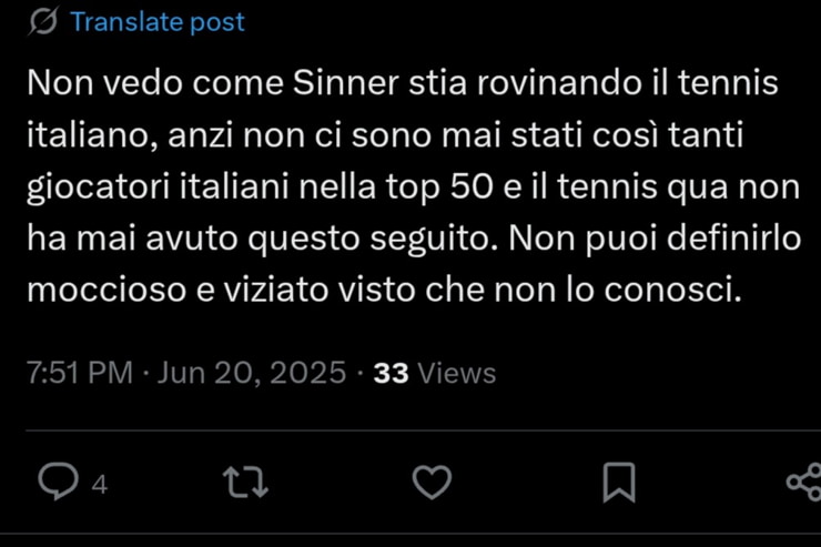 Il tweet che riguarda Sinner - Foto X - Interdipendenza.net