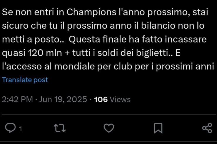 Il tweet che riguarda il bilancio dell'Inter - Screen X - Interdipendenza.net