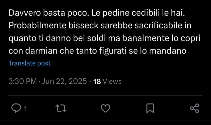 Il tweet che riguarda il pupillo di Inzaghi - Screen X - Interdipendenza.net