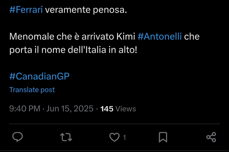Il tweet che riguarda la Ferrari - Screen X - Interdipendenza.net