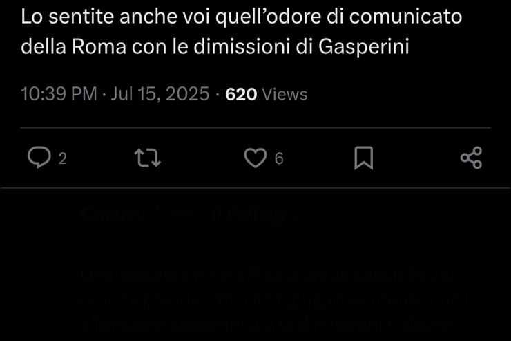 Il tweet che riguarda Gasperini - Screen X - Interdipendenza.net