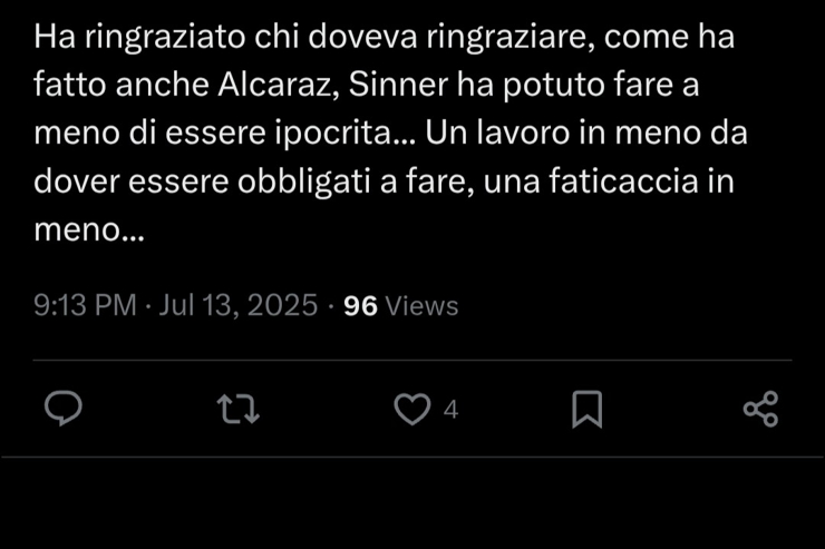 Il tweet che riguarda Jannik Sinner e Carlos Alcaraz - Foto X - Interdipendenza.net
