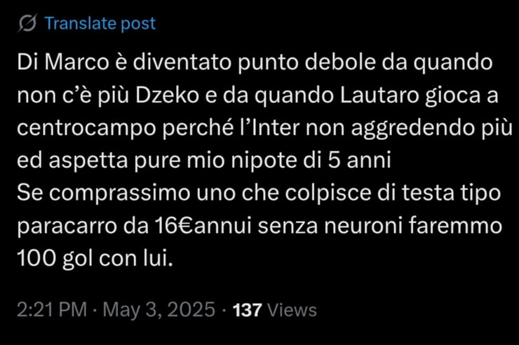 Il tweet che riguarda il giocatore dell'Inter - Foto X - Interdipendenza.net