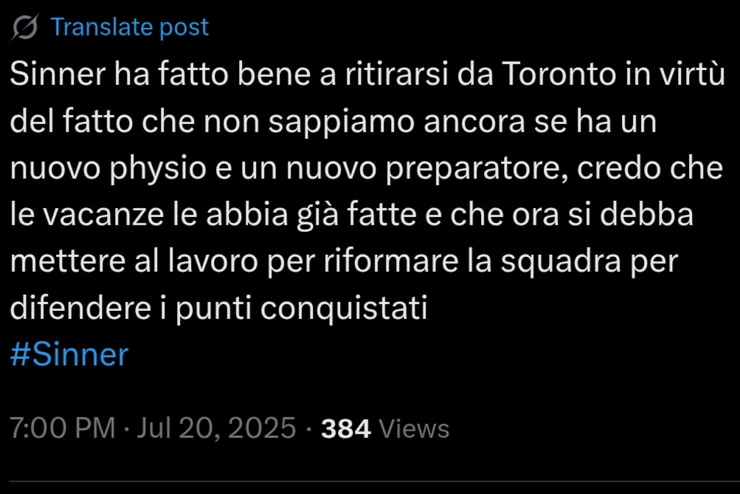 Il tweet che riguarda il ritiro di Sinner - Foto X - Interdipendenza.net