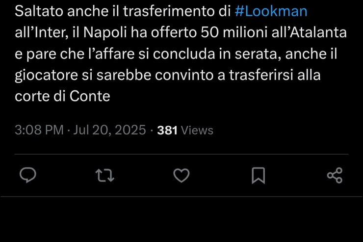 Il tweet che riguarda l'Inter - Screen X - Interdipendenza.net