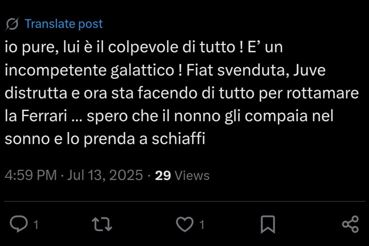 Il tweet che riguarda la Ferrari - Screen X - Interdipendenza.net