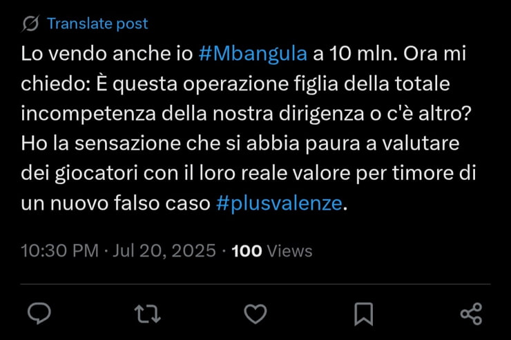 Il tweet che riguarda la Juventus - Screen X - Interdipendenza.net