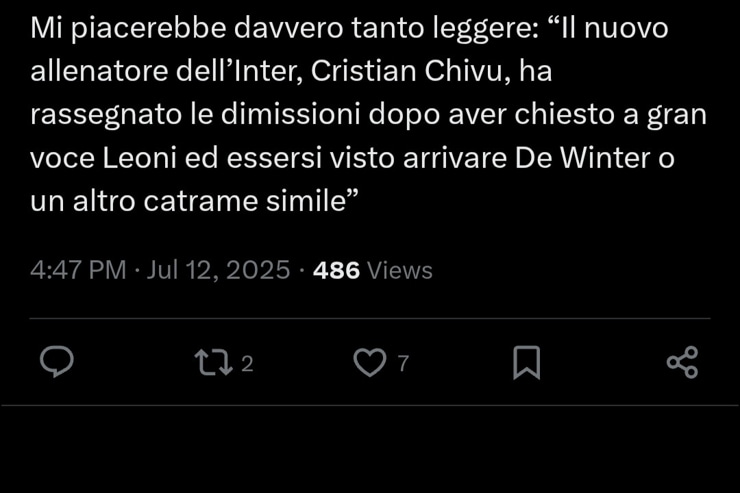 Il tweet che riguarda le dimissioni di Chivu - Foto X - Interdipendenza.net